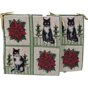 2 Same Tapestry Chair Cushion pads w/ties,15"x15",CHRISTMAS CATS & POINSETTIA,CE